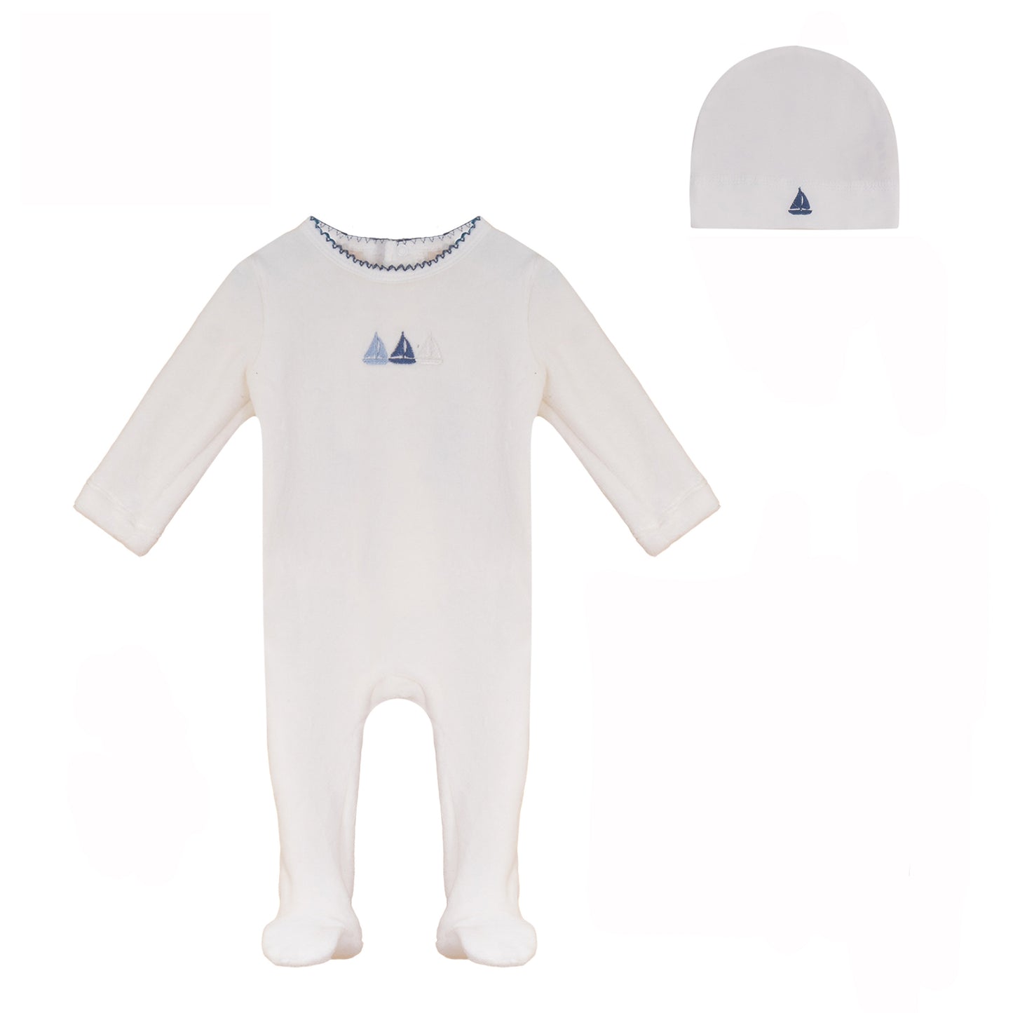 BUBANI BABY WHITE VELOUR BOAT FOOTIE + BEANIE