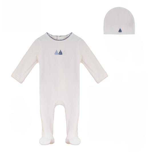 BUBANI BABY WHITE VELOUR BOAT FOOTIE + BEANIE