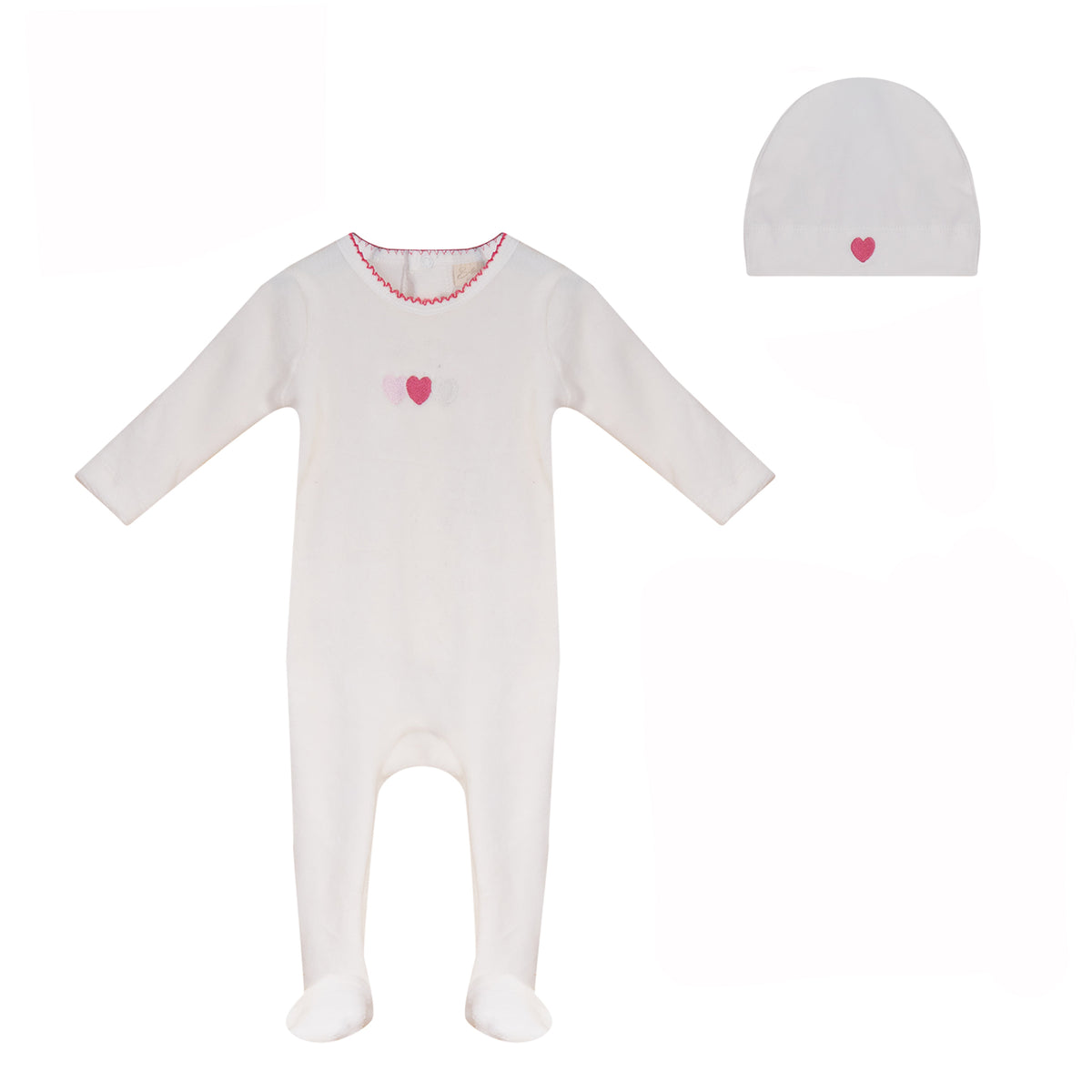 BUBANI BABY WHITE VELOUR HEART FOOTIE + BEANIE