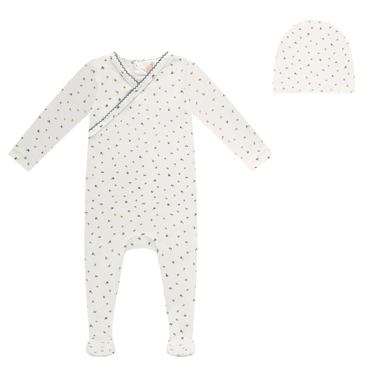 BUBABI BABY WHITE/BLUE FLORAL WRAP FOOTIE SET