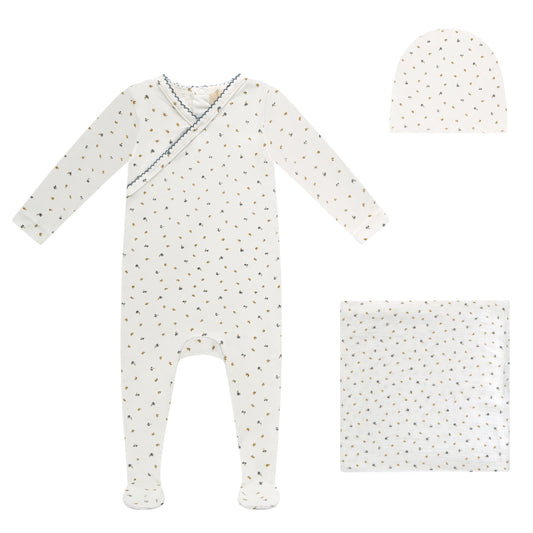 BUBABI BABY WHITE/BLUE FLORAL WRAP LAYETTE SET