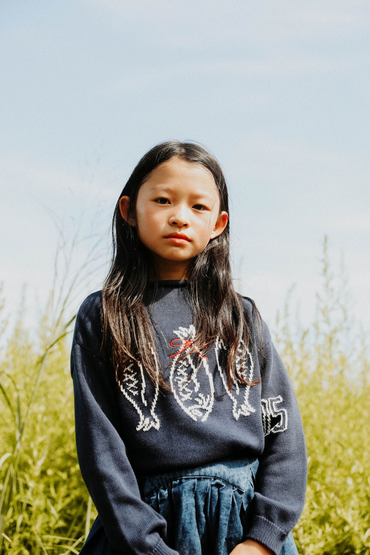 PEACH KIDS NAVY FISH KNIT BOW SWEATER