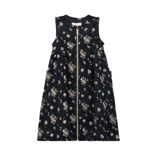 MADAME TI BLACK EMBROIDERED FLORAL ZIPPER DRESS