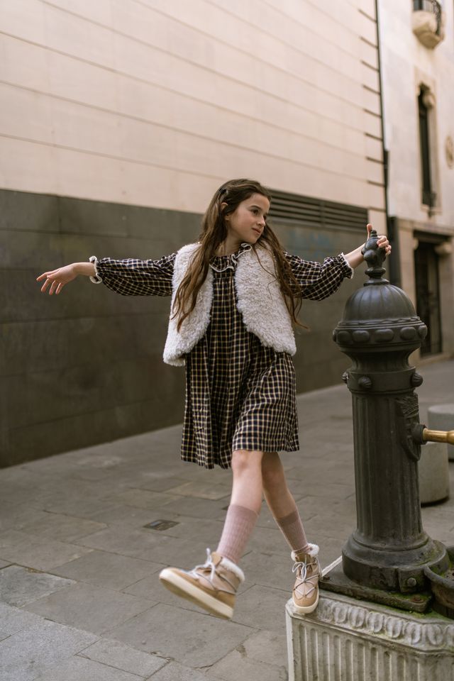 CERA UNA VOLTA NAVY CHECKED RUFFLE COLLAR DRESS