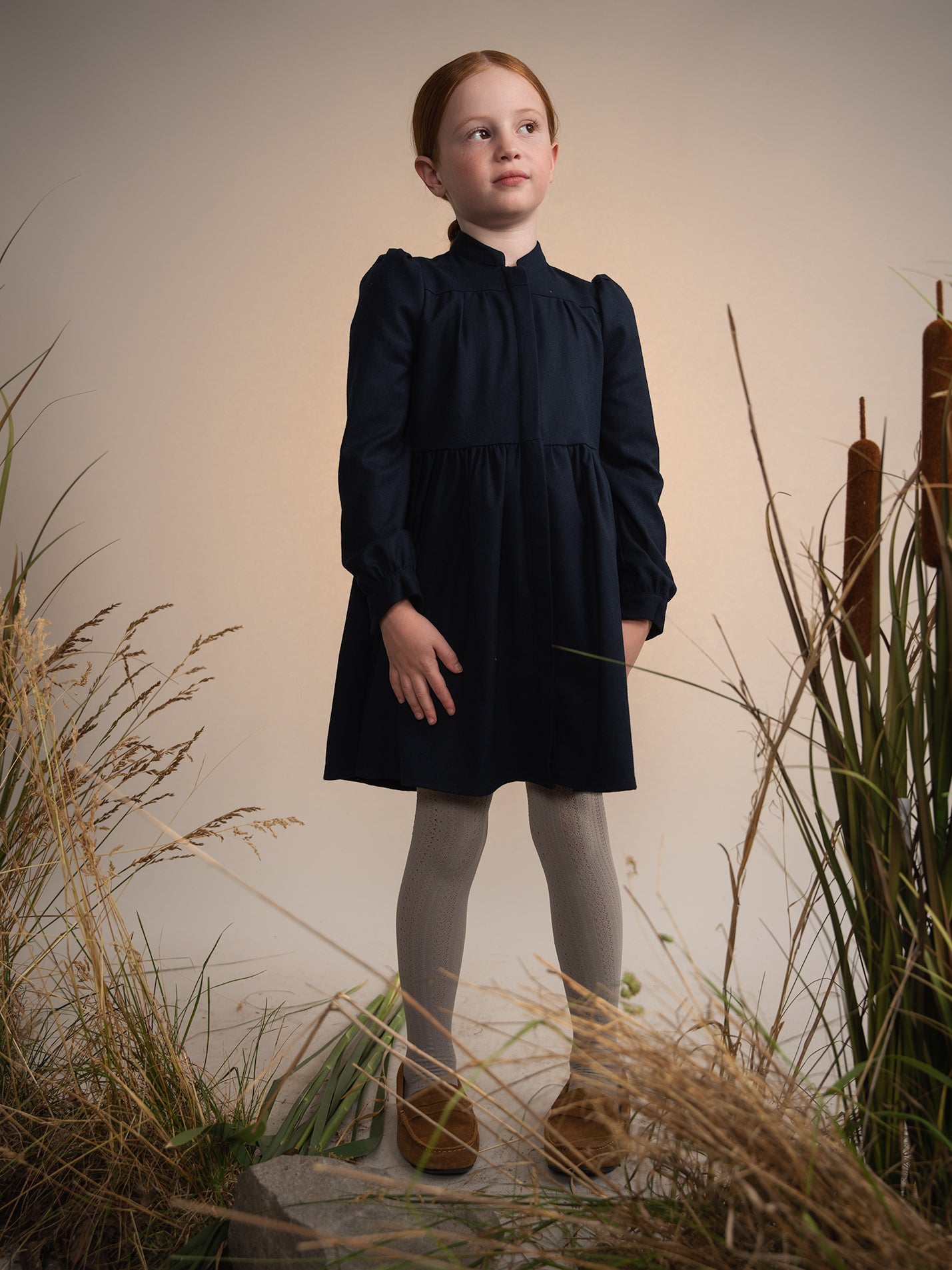 BAMBOO NAVY WOOL TIERED PUFF SLEEVE DRESS [Final Sale]