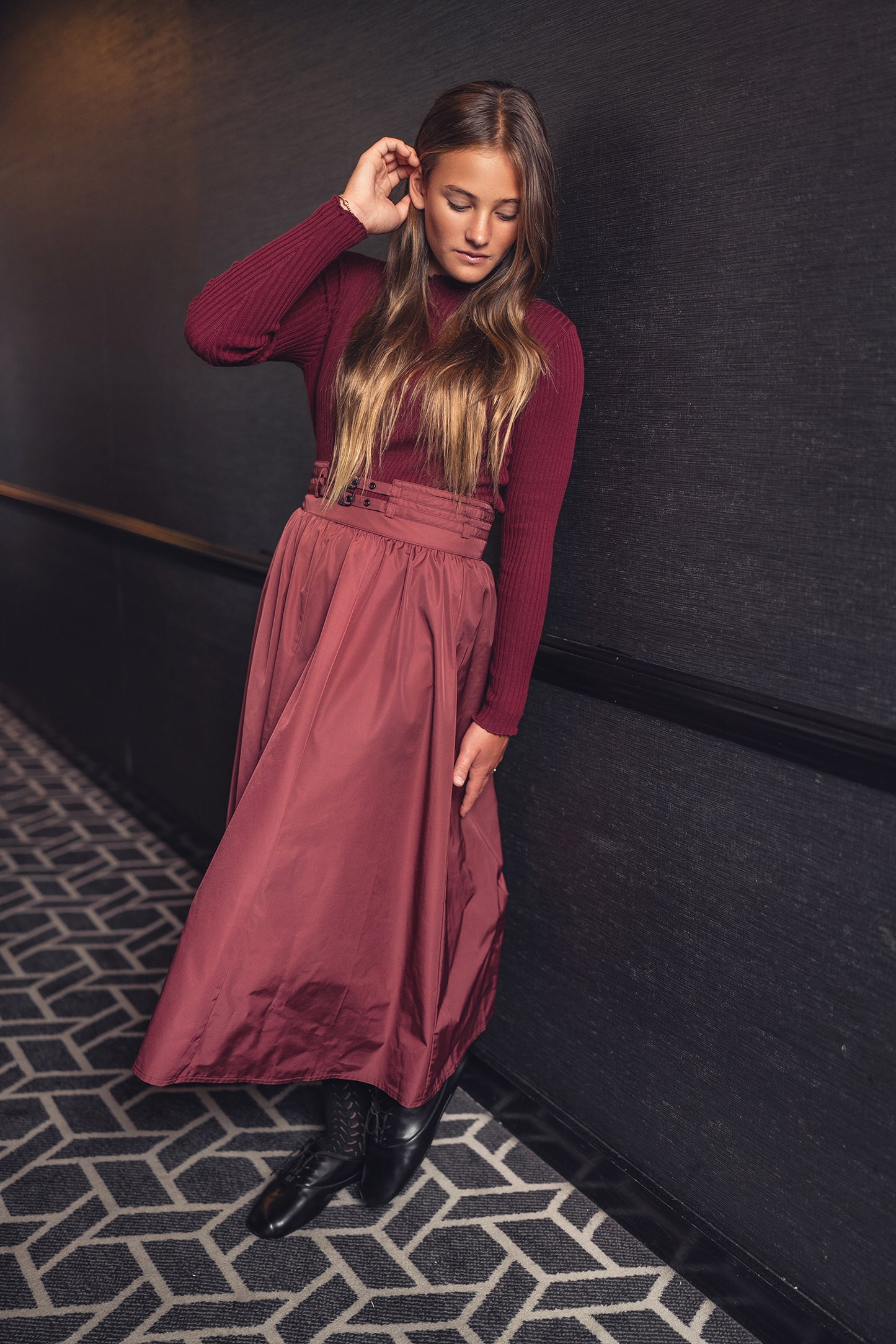 BYKE WINE TAFFETA CIRCLE MIDI SKIRT