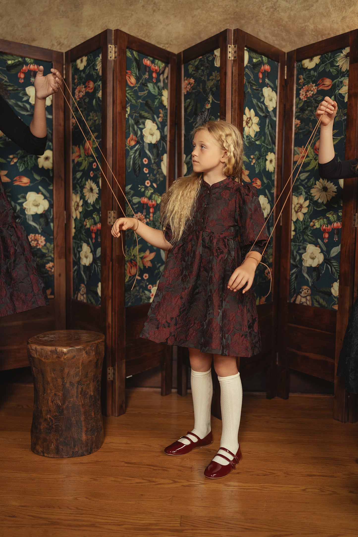 PIP + PIO BURGUNDY FLORAL BROCADE PUFF SLEEVE DRESS