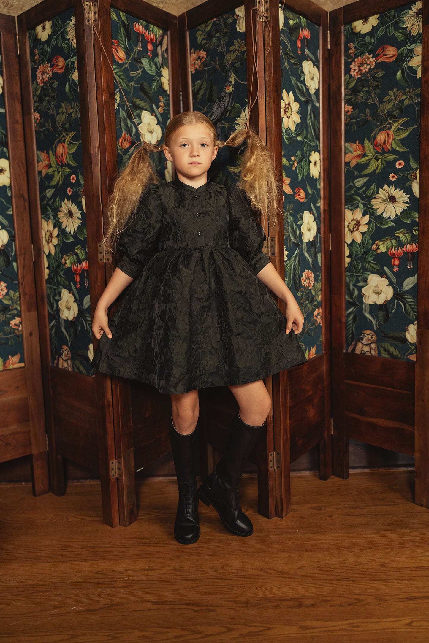 PIP + PIO GREEN FLORAL BROCADE PUFF SLEEVE DRESS