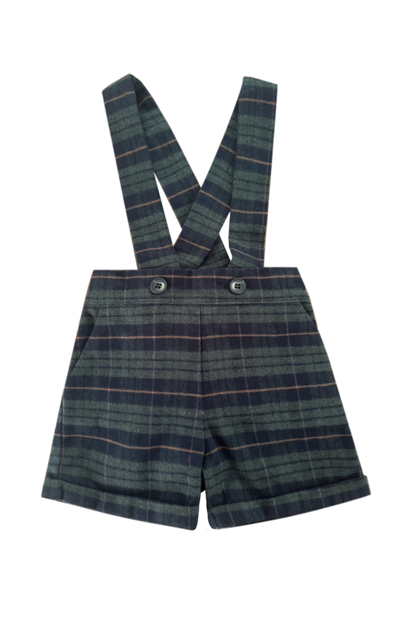 PERNILLE GREEN/NAVY PLAID SUSPENDER SHORTS