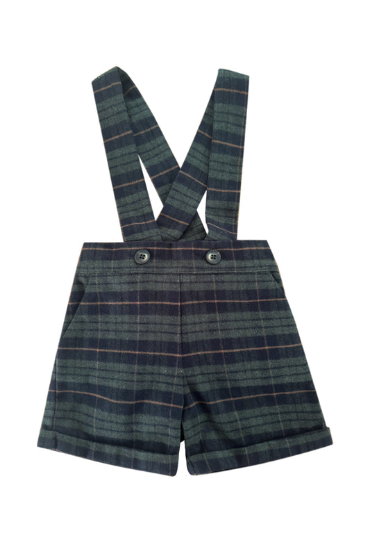 PERNILLE GREEN/NAVY PLAID SUSPENDER SHORTS