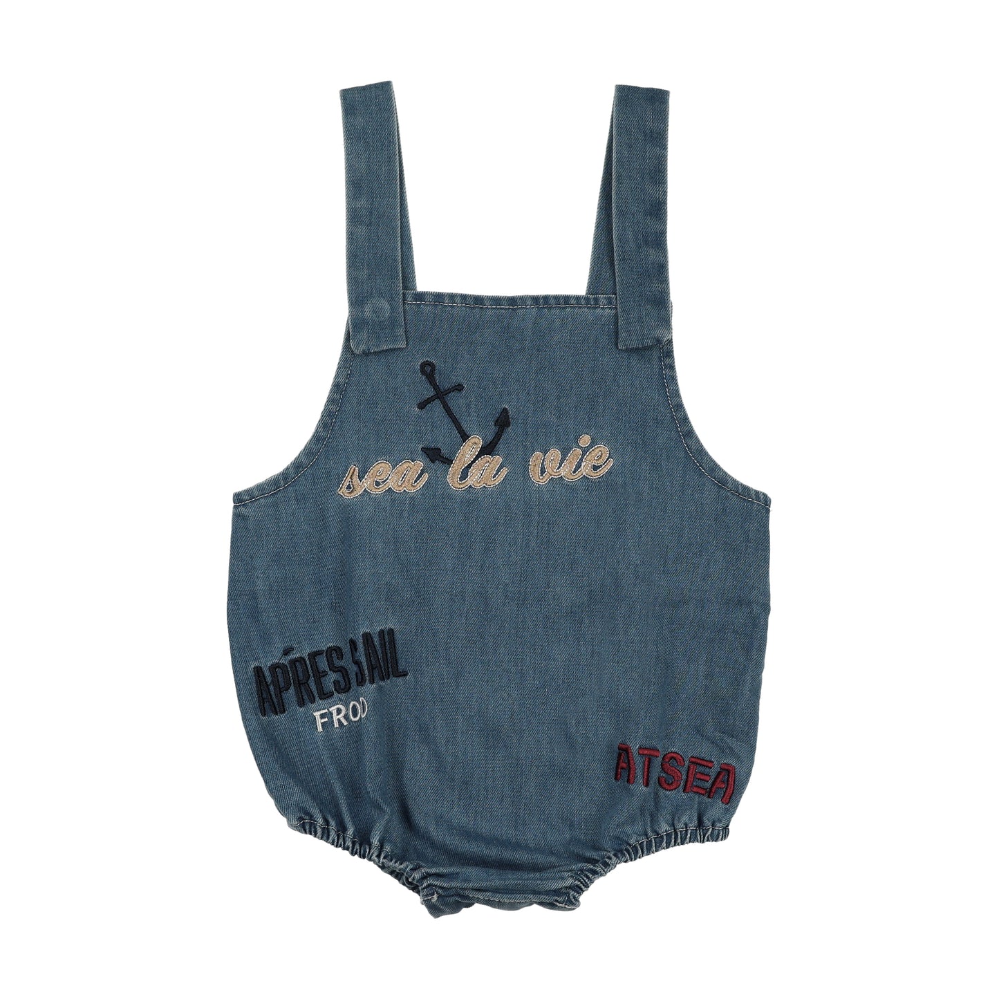 FROO STYLE BLUE DENIM WASH WORDED ROMPER