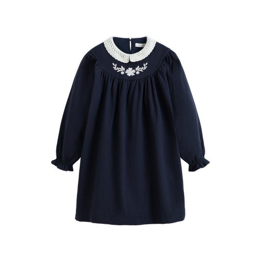 CERA UNA VOLTA NAVY EMBROIDERED LACE COLLAR DRESS