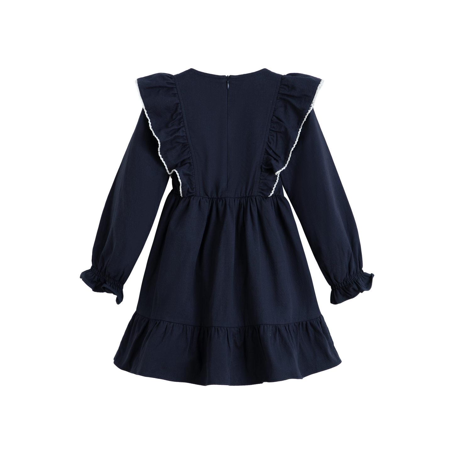CERA UNA VOLTA NAVY EMBROIDERED RUFFLE TRIM MIDI DRESS