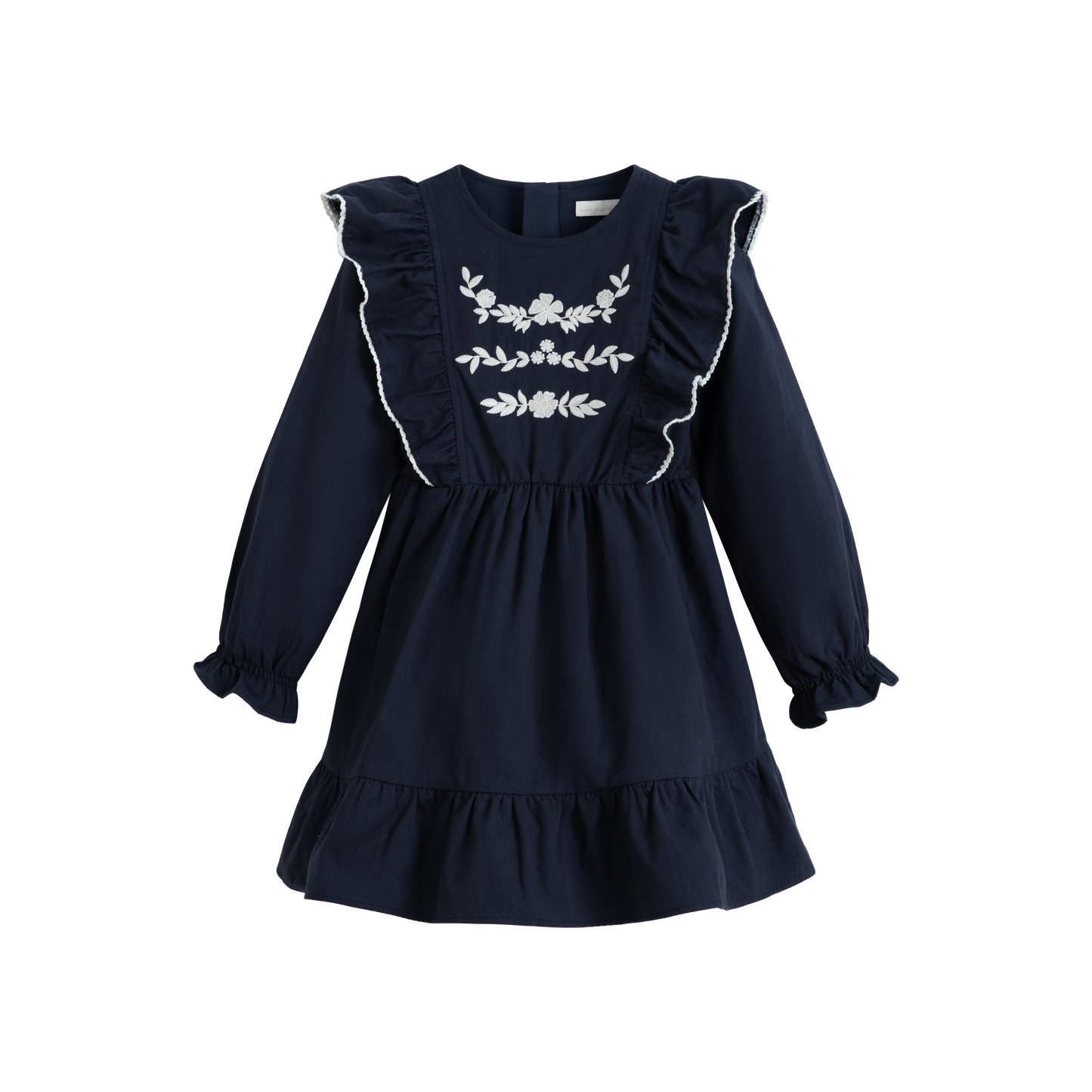 CERA UNA VOLTA NAVY EMBROIDERED RUFFLE TRIM MIDI DRESS