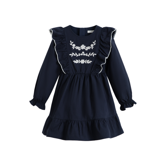 CERA UNA VOLTA NAVY EMBROIDERED RUFFLE TRIM MIDI DRESS
