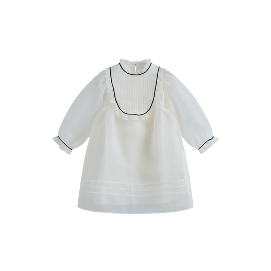 CERA UNA VOLTA CREAM/BLACK TRIM ORGANZA RUFFLE BIB DRESS