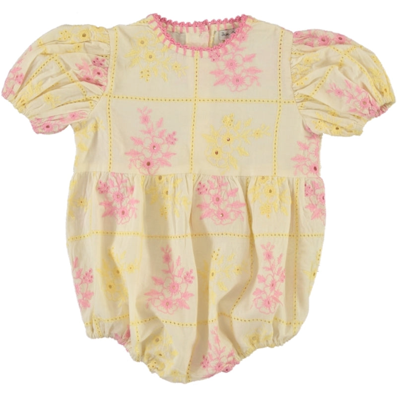 BEBE ORGANIC PINK/YELLOW PATCHWORK ROMPER