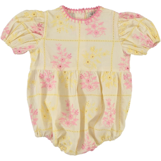 BEBE ORGANIC PINK/YELLOW PATCHWORK ROMPER