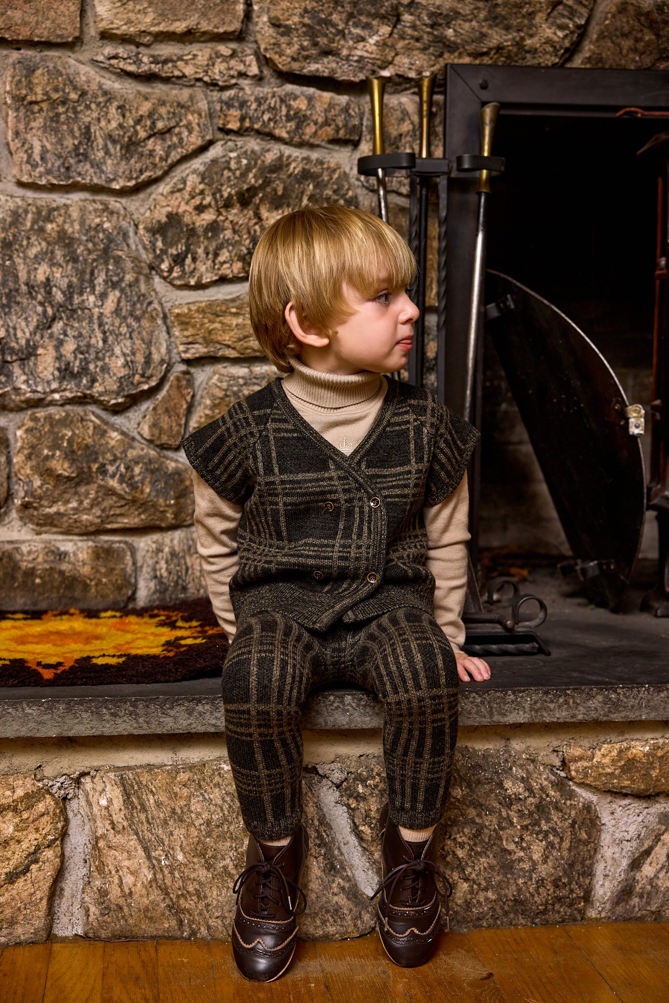 LE BOURDON OLIVE PLAID KNIT VEST SET