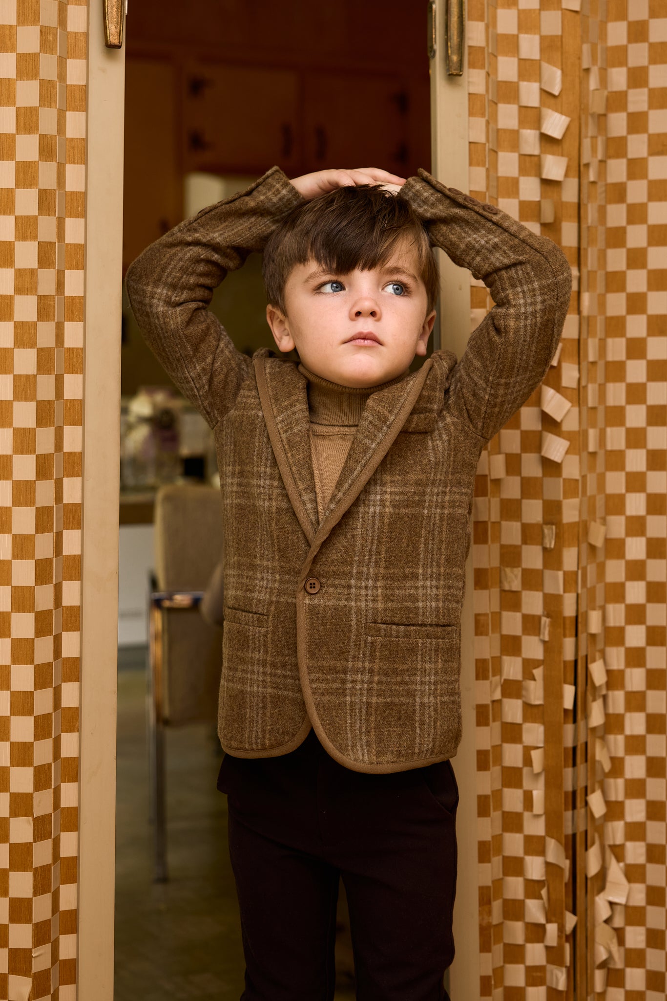 LE BOURDON CAMEL PLAID PRINT BLAZER