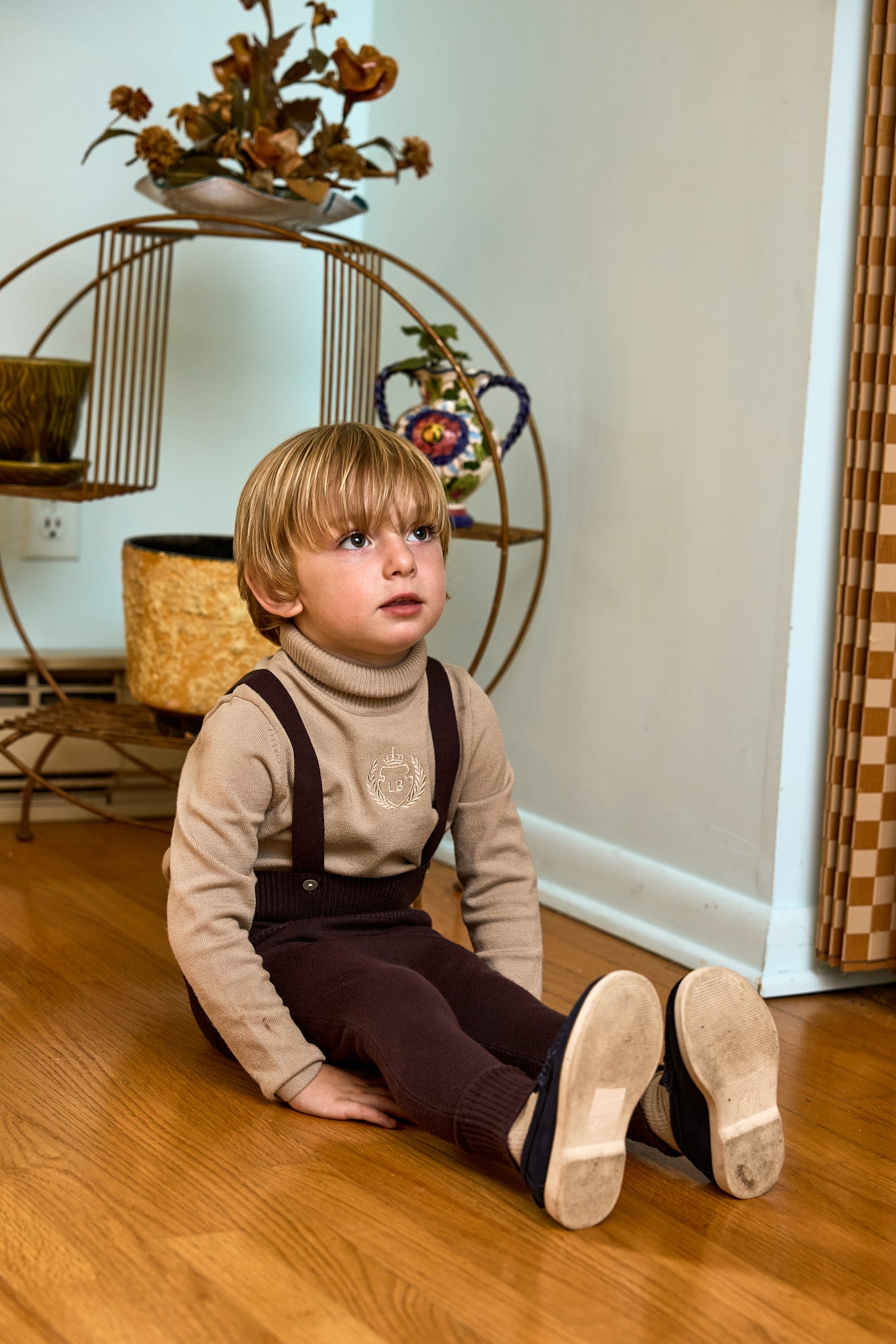LE BOURDON BROWN RIB KNIT SUSPENDER OVERALLS