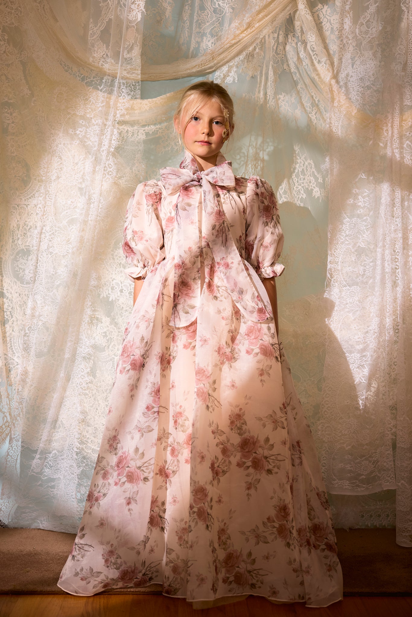 FRANCESCA GUILIANO PINK FLORAL ORGANZA NECK TIE GOWN