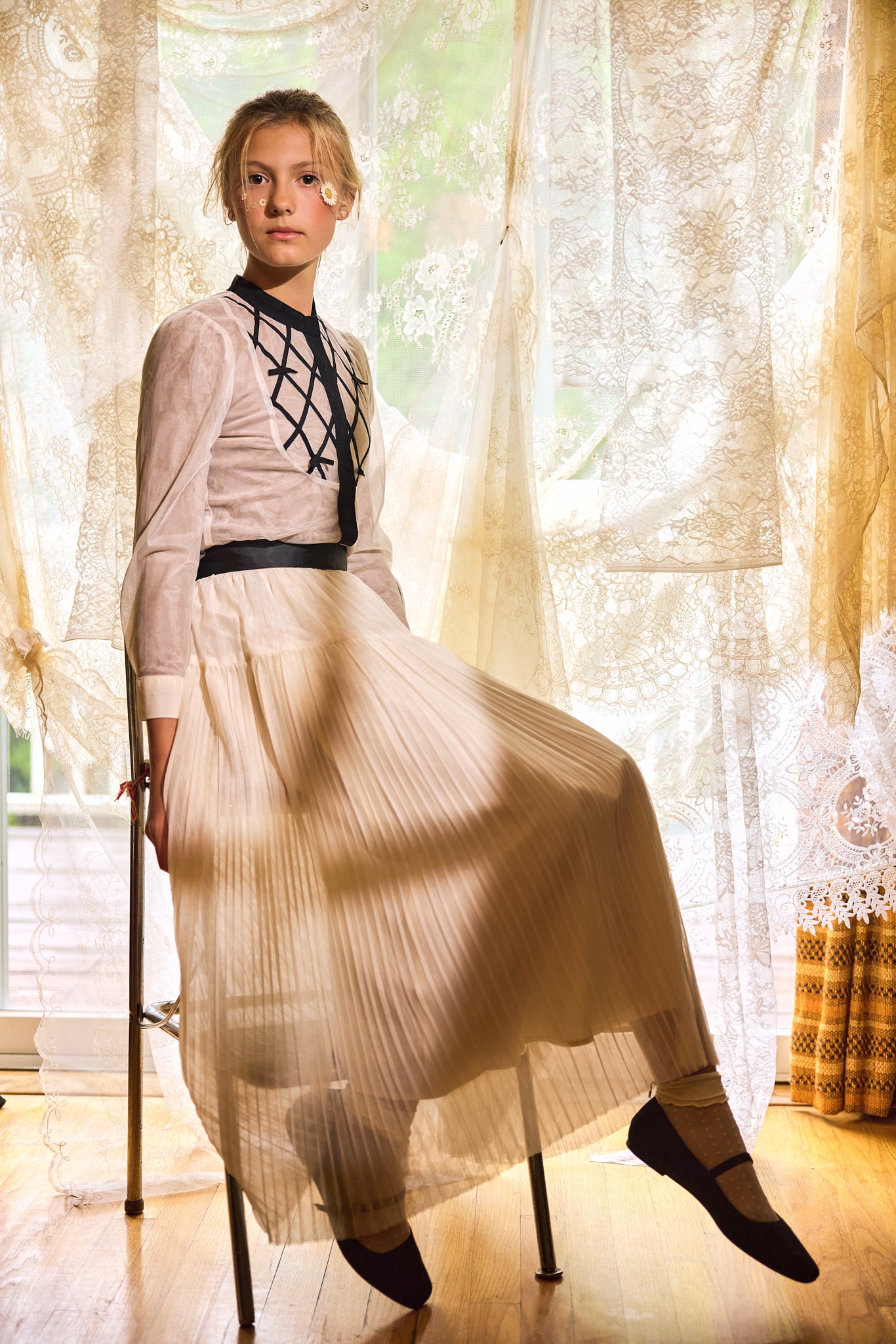 FRANCESCA GUILIANO CREAM/BLACK PLEATED TULLE TIER SKIRT