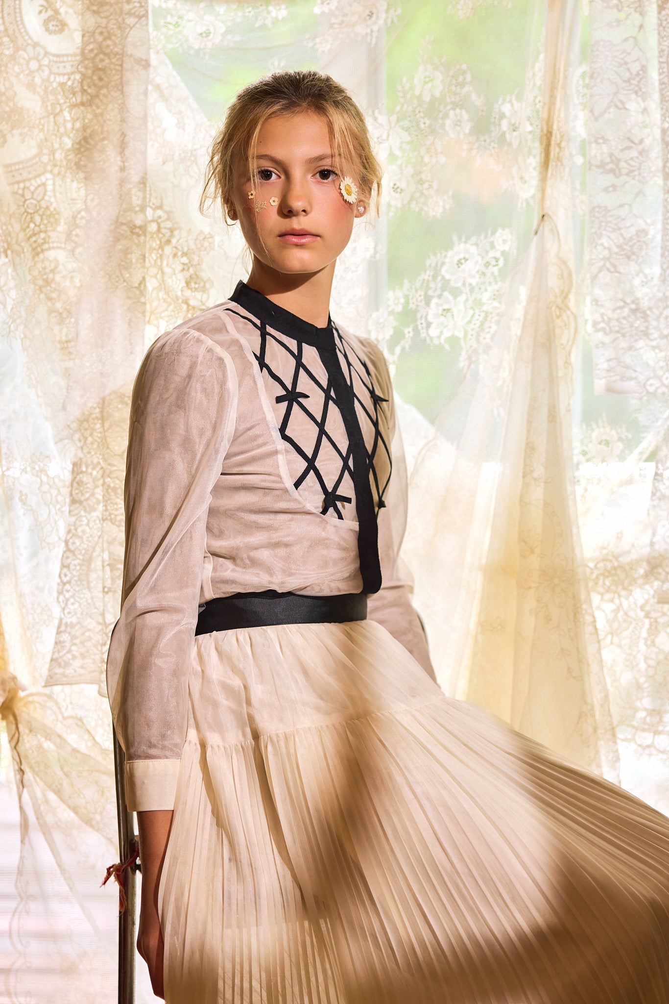 FRANCESCA GUILIANO CREAM/BLACK LATTICE TULLE BLOUSE
