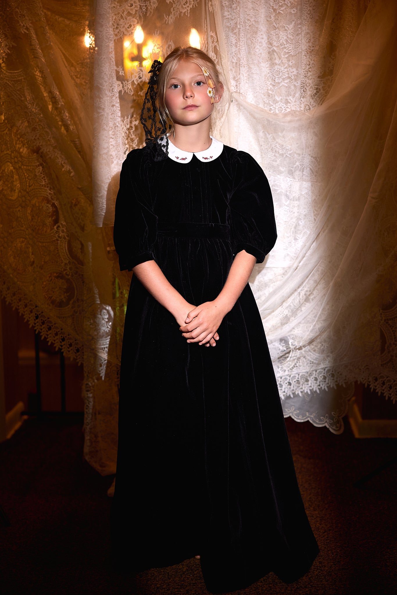 FRANCESCA GUILIANO BLACK VELVET EMBROIDERED COLLAR GOWN