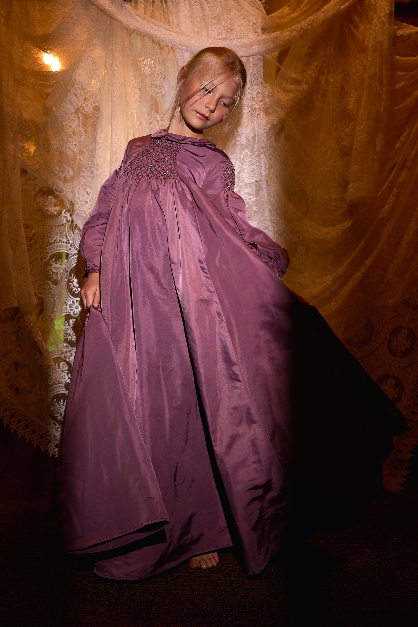 FRANCESCA GUILIANO PURPLE TAFFETA SMOCKED COLLAR GOWN