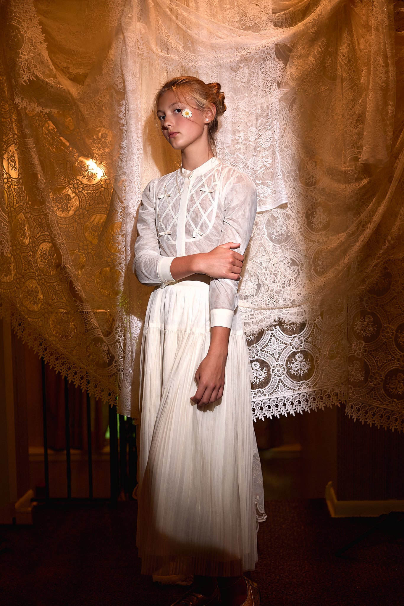 FRANCESCA GUILIANO IVORY LATTICE TULLE BLOUSE