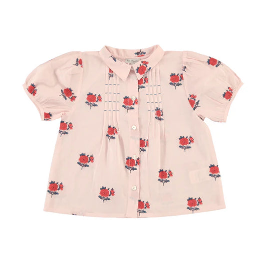 BEBE ORGANIC PINK FLORAL CLUSTER PUFF SLEEVE BLOUSE