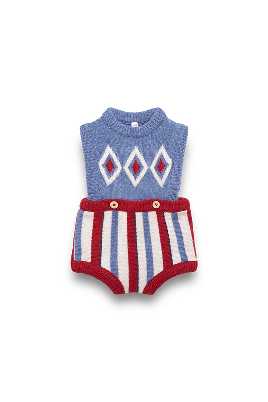 BIRINIT PETIT DUSTY BLUE/RED ARGYLE KNIT ROMPER