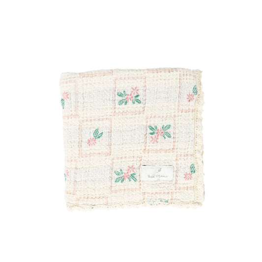 BEBE ORGANIC PINK/CREAM TULIP CHECKED WAFFLE BLANKET