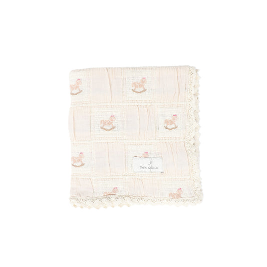 BEBE ORGANIC PINK ROCKING HORSE PATCHWORK BLANKET