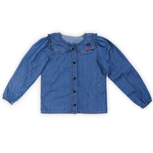 WANDER & WONDER DENIM EMBROIDERED CHERRY COLLAR BLOUSE
