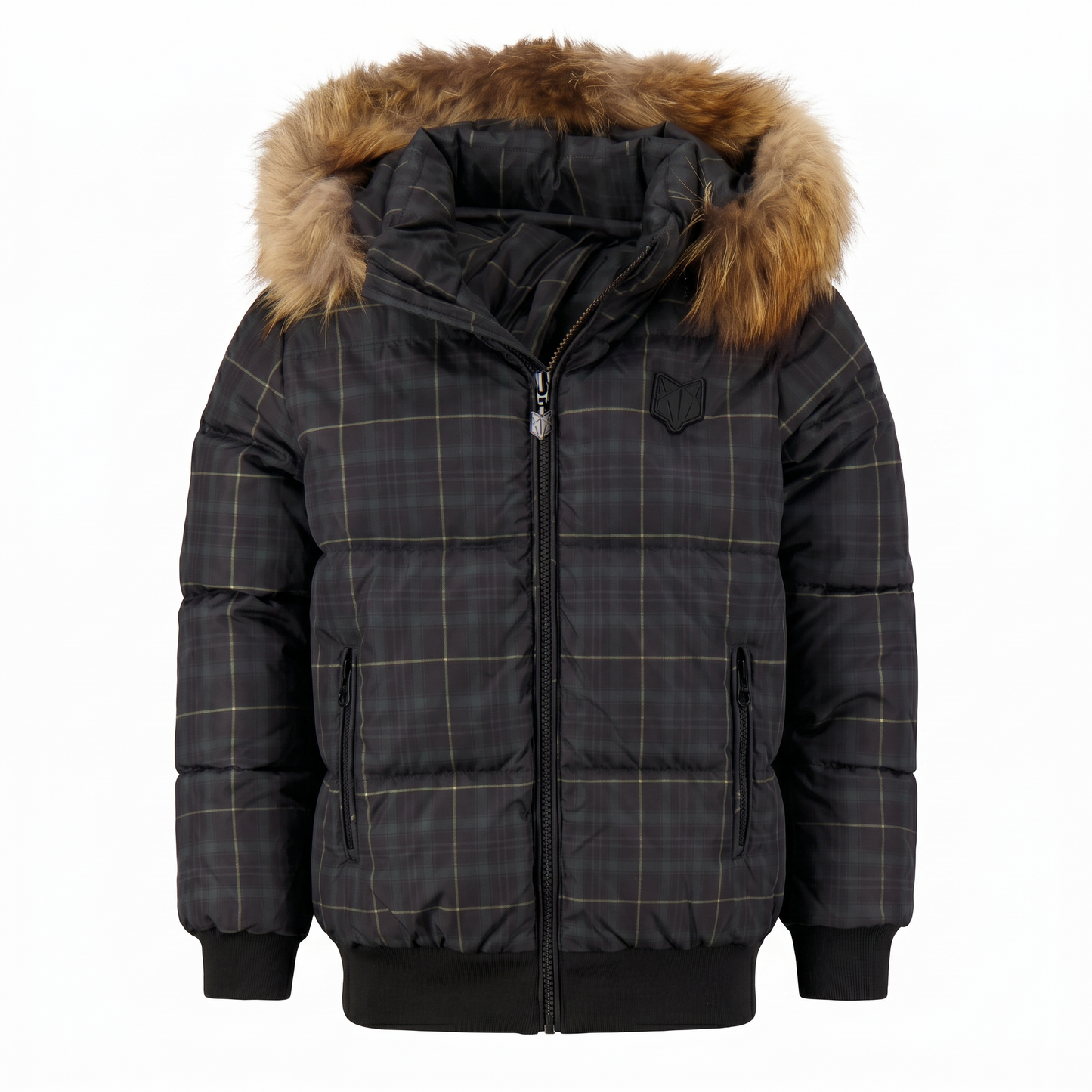 SCOTCH BONNET GREEN FUR TRIM PLAID PUFFER COAT