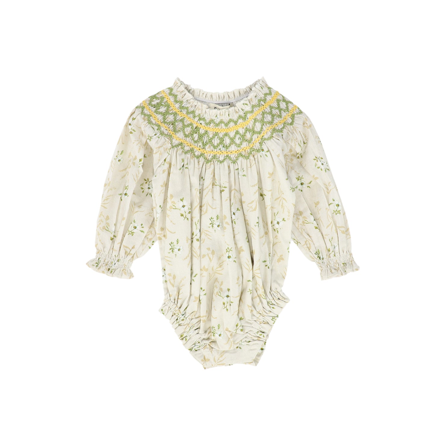 BAYBALA BEIGE/GREEN FLORAL SMOCKED ROMPER