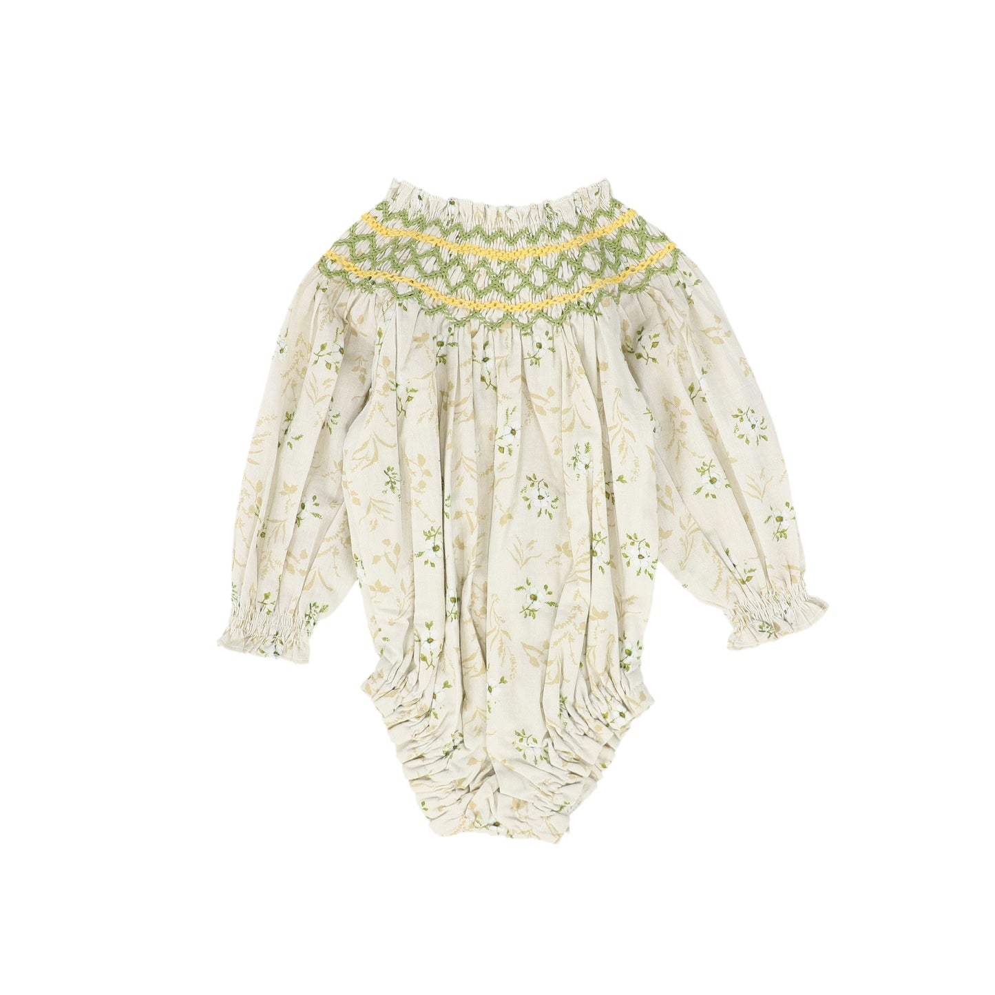 BAYBALA BEIGE/GREEN FLORAL SMOCKED ROMPER