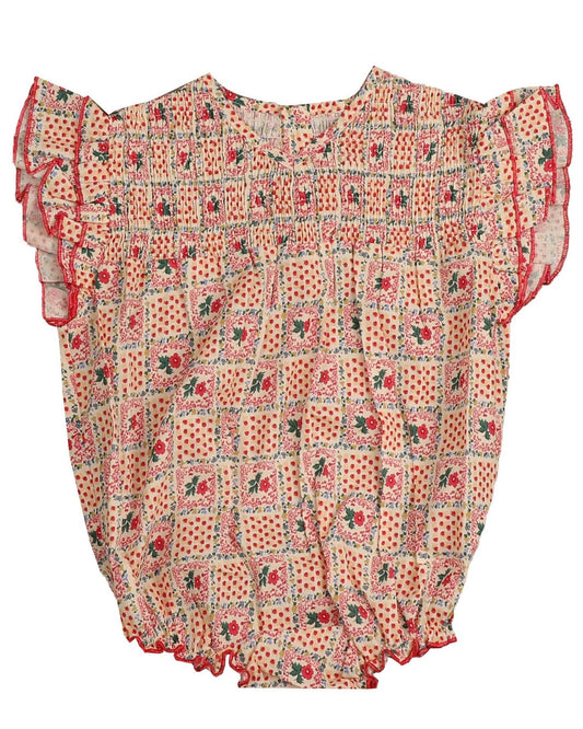 BELATI RED PATCHWORK SMOCK ROMPER