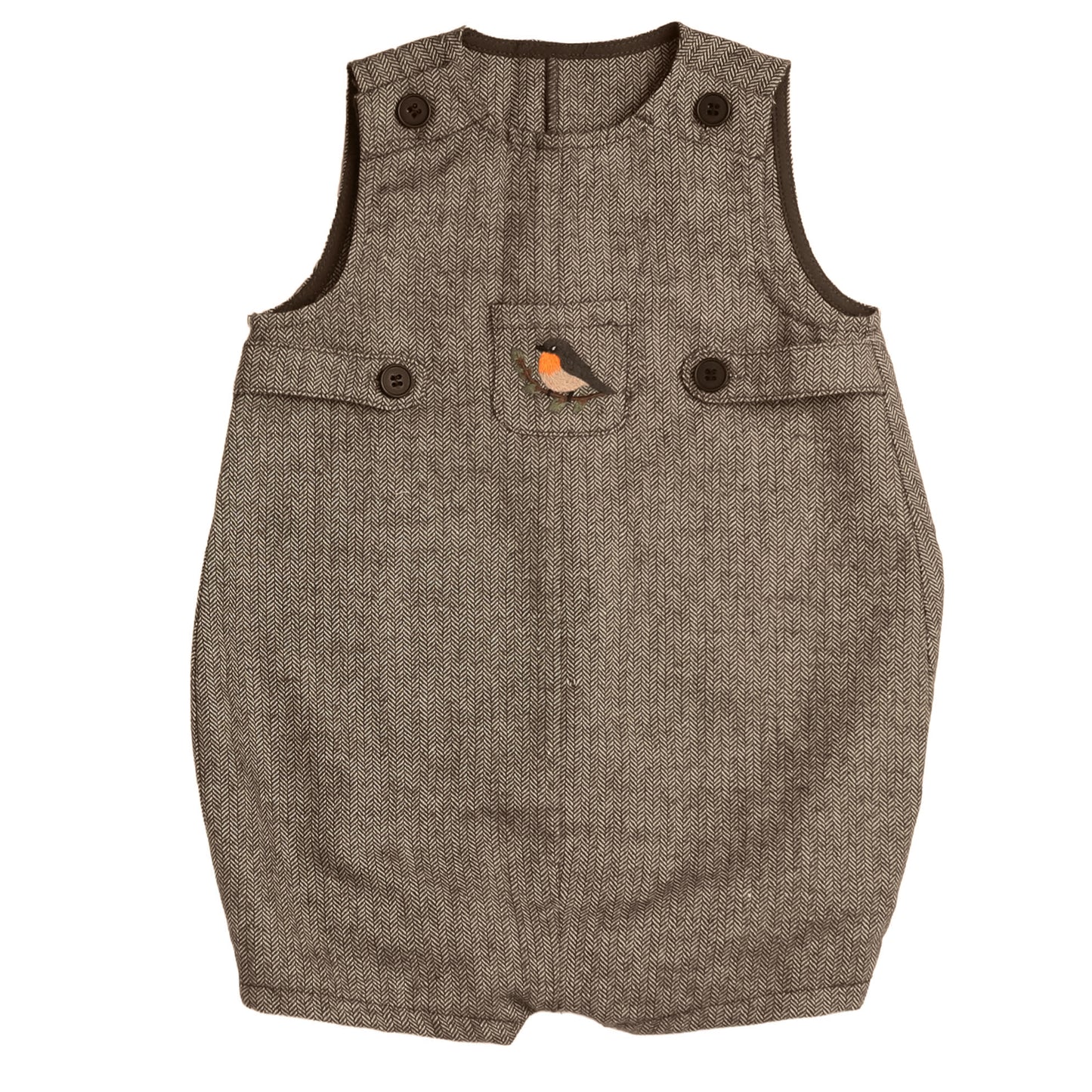 BELATI TAUPE HERRINGBONE BIRD EMBROIDERED ROMPER