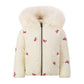 SCOTCH BONNET IVORY/PINK SCATTERED BOW FUR TRIM PUFFER COAT