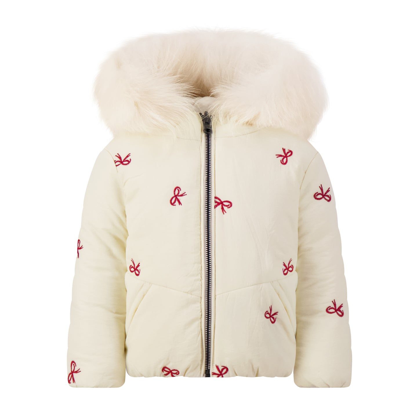 SCOTCH BONNET IVORY/PINK SCATTERED BOW FUR TRIM PUFFER COAT