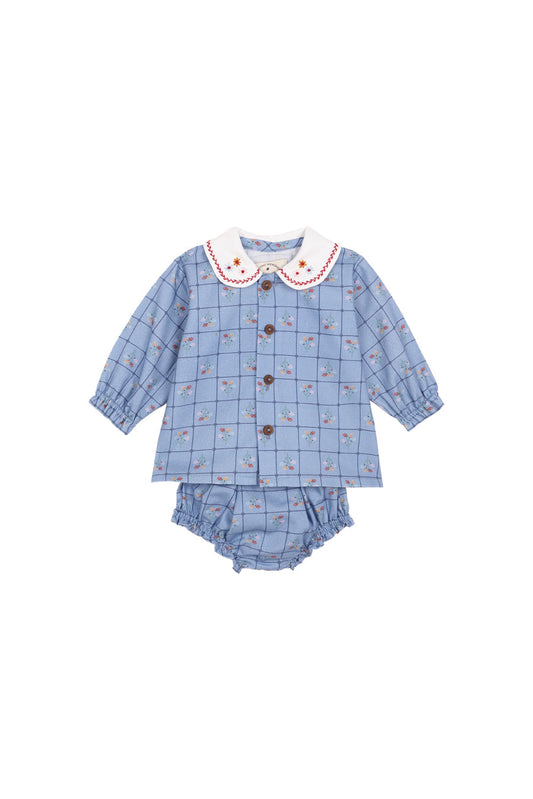 BIRINIT PETITE BLUE FLORAL GRID BLOOMER SET