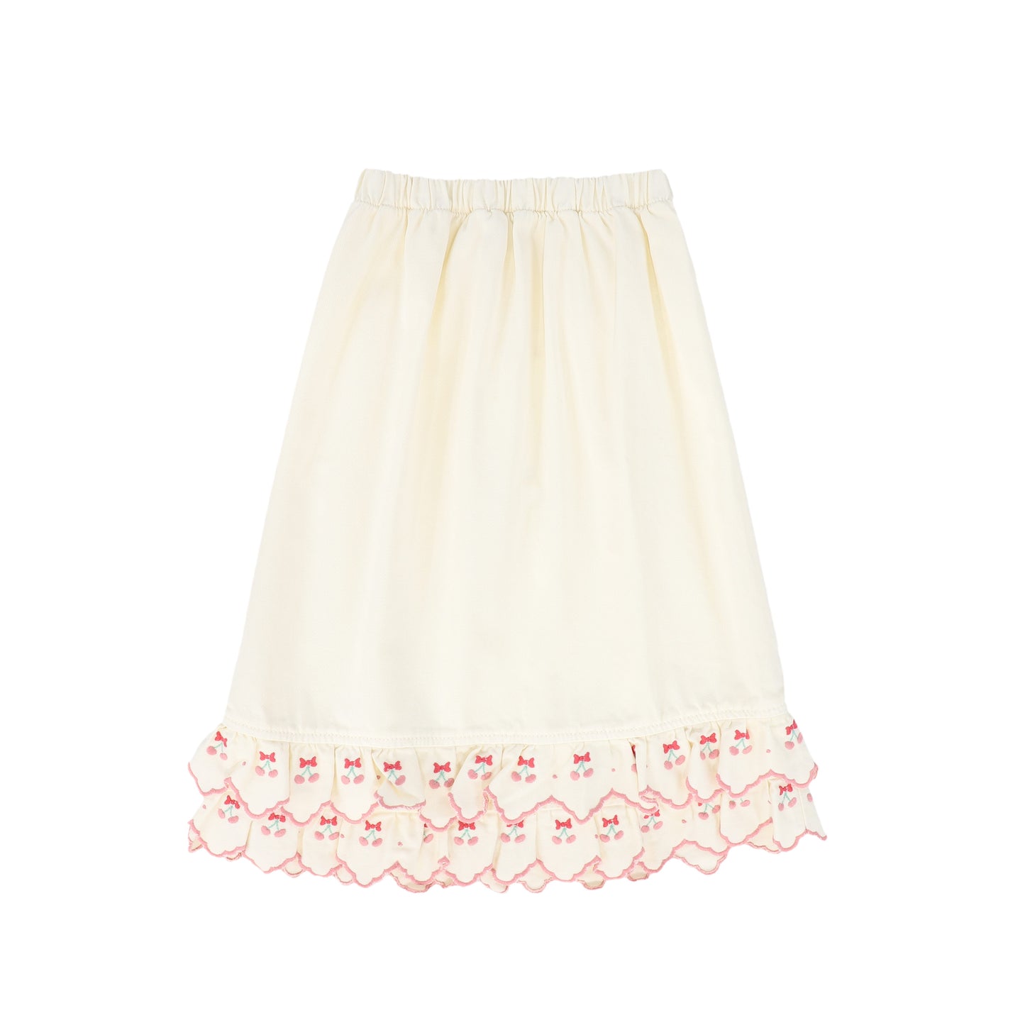 BEBE ORGANIC CREAM/PINK TRIM DENIM FLARE SKIRT