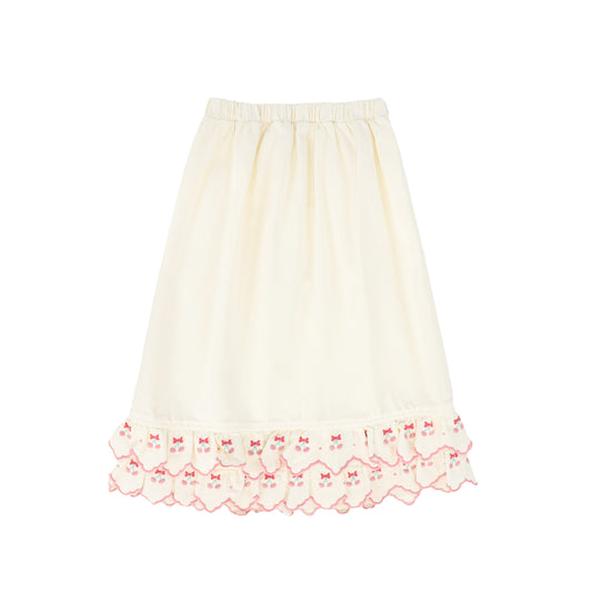 BEBE ORGANIC CREAM/PINK TRIM DENIM FLARE SKIRT