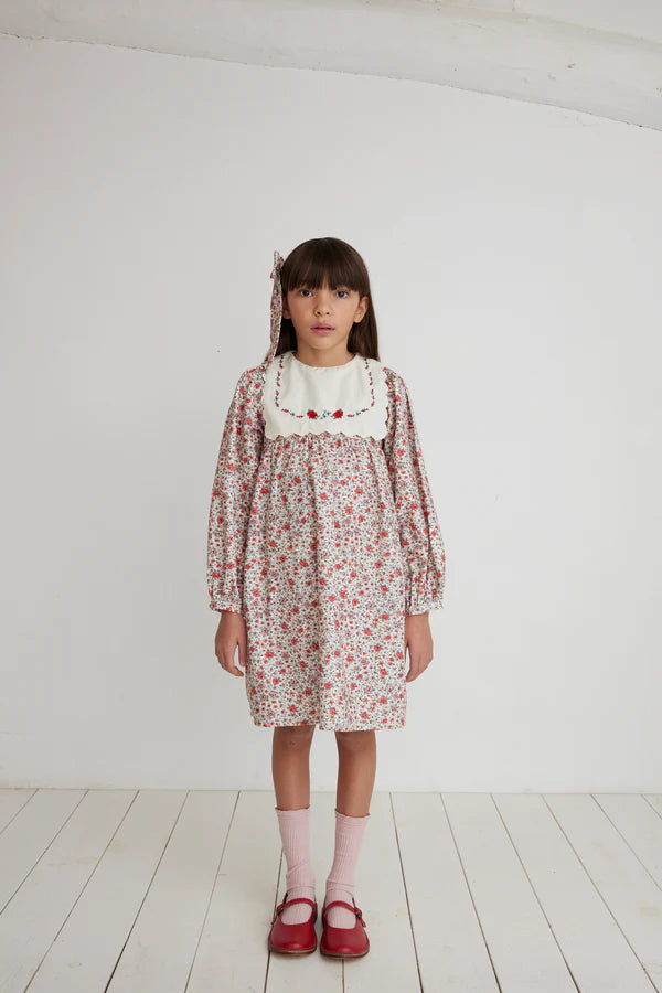 BEBE ORGANIC RED FLORAL EMBROIDERED BIB DRESS