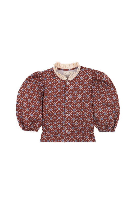 BIRINIT PETIT BROWN FLORAL RUFFLE COLLAR BLOUSE