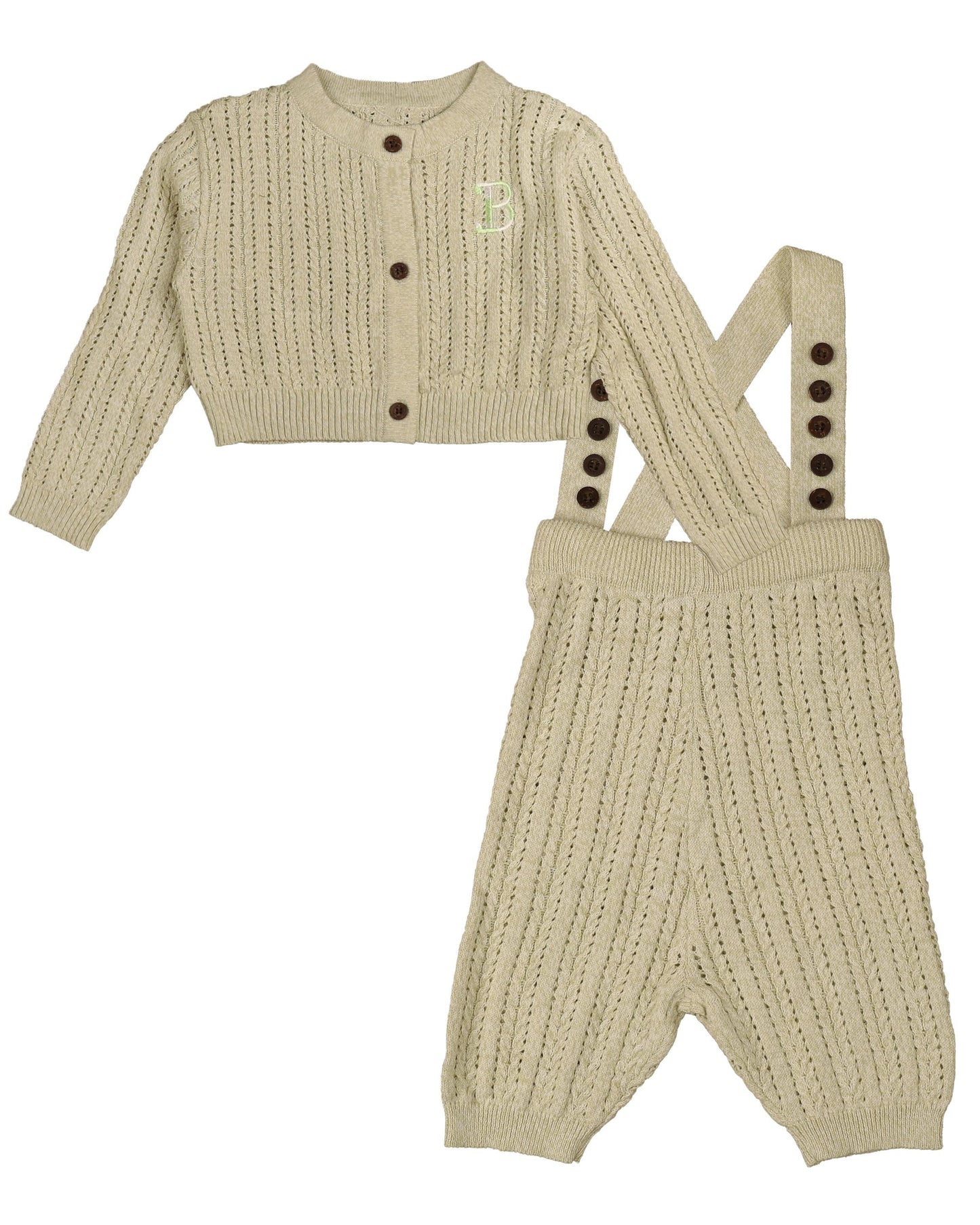 BELATI LIGHT SAGE BRAIDED KNIT SUSPENDER PANT SET
