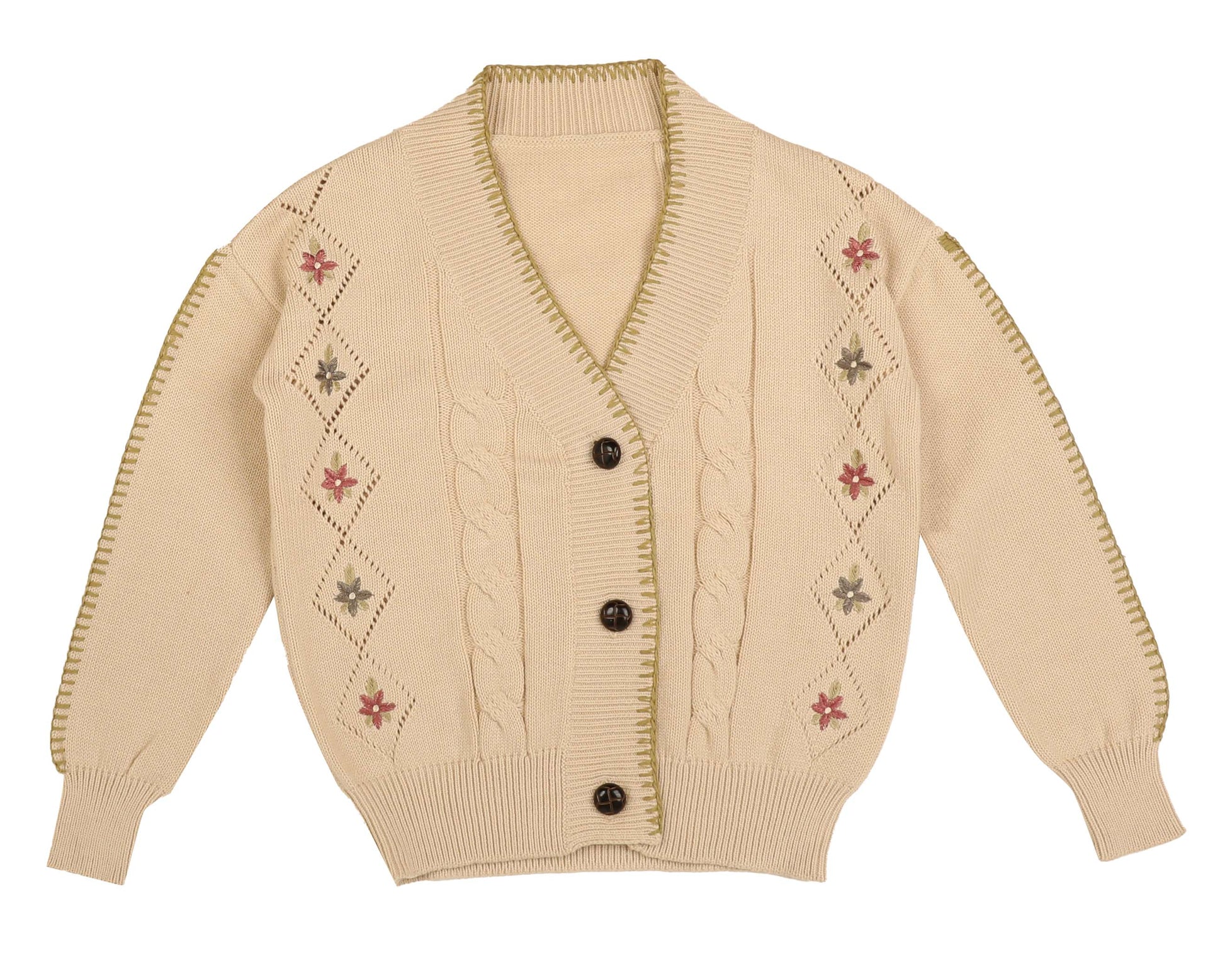 Knit Cardigan with Embroidery - Beige/floral - Ladies